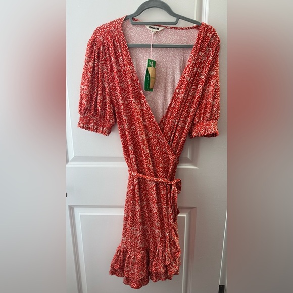 NWT Boden Ruffle Wrap Red White Paisley Cottagecore Valentines Mini Dress 10 - Picture 4 of 7